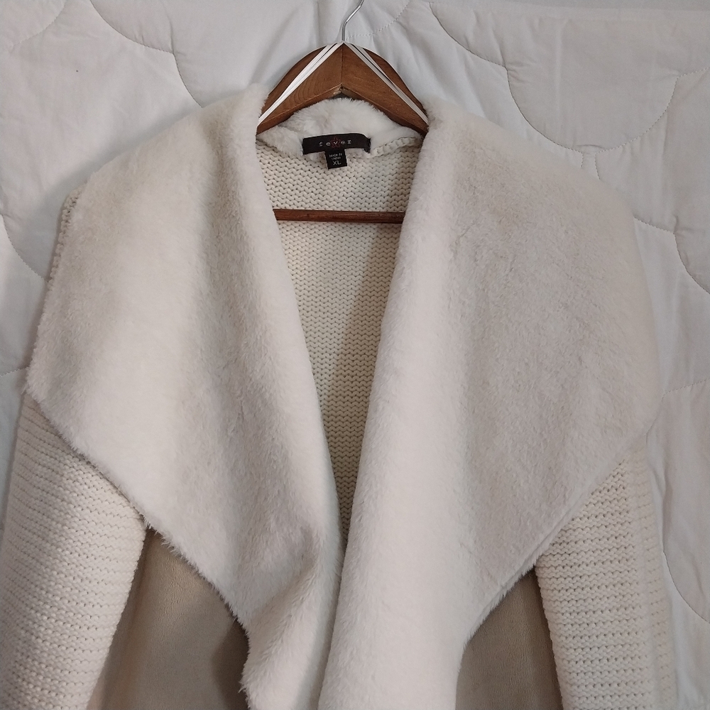 Fever Women's XL Cascade Collar Beige/Tan Knit Faux Suede & Sherpa Knit Jacket - Picture 2 of 13